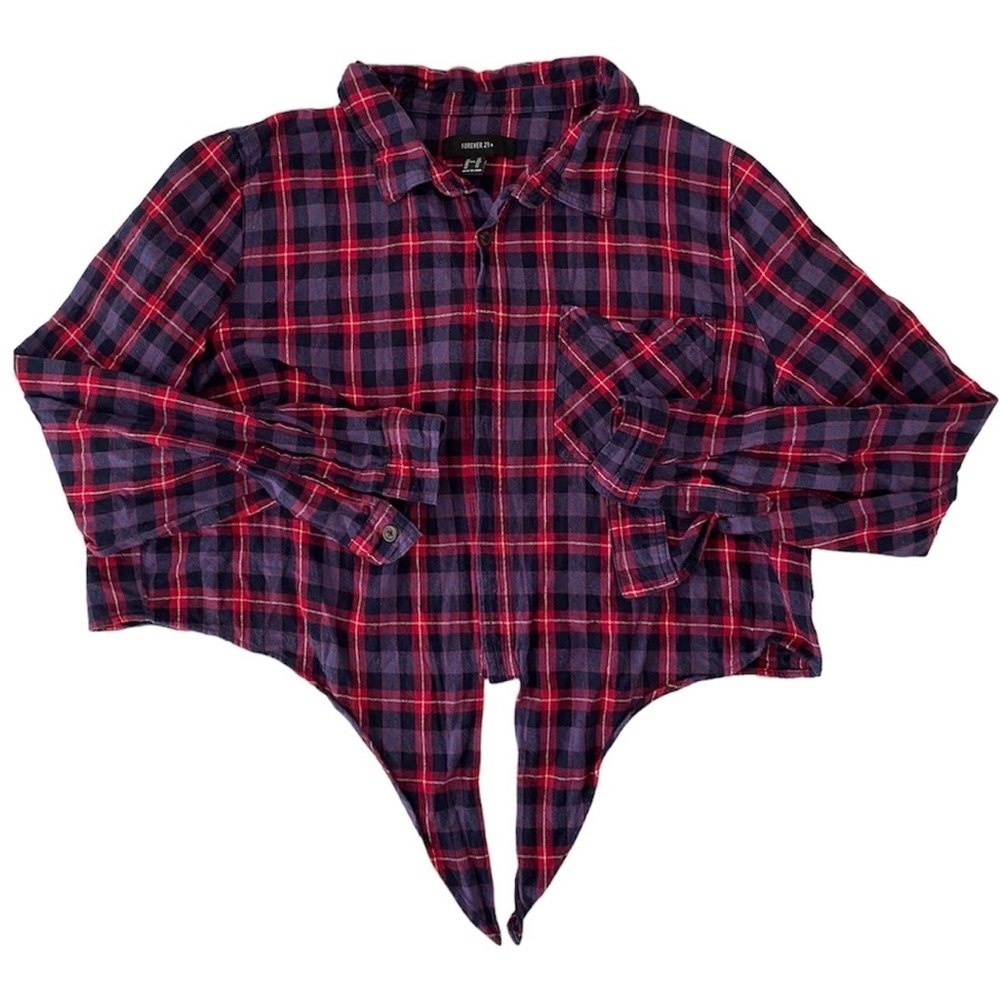 FOREVER 21 Pink Blue Checkered Collared Cropped Shirt with Front Knot in 2XL